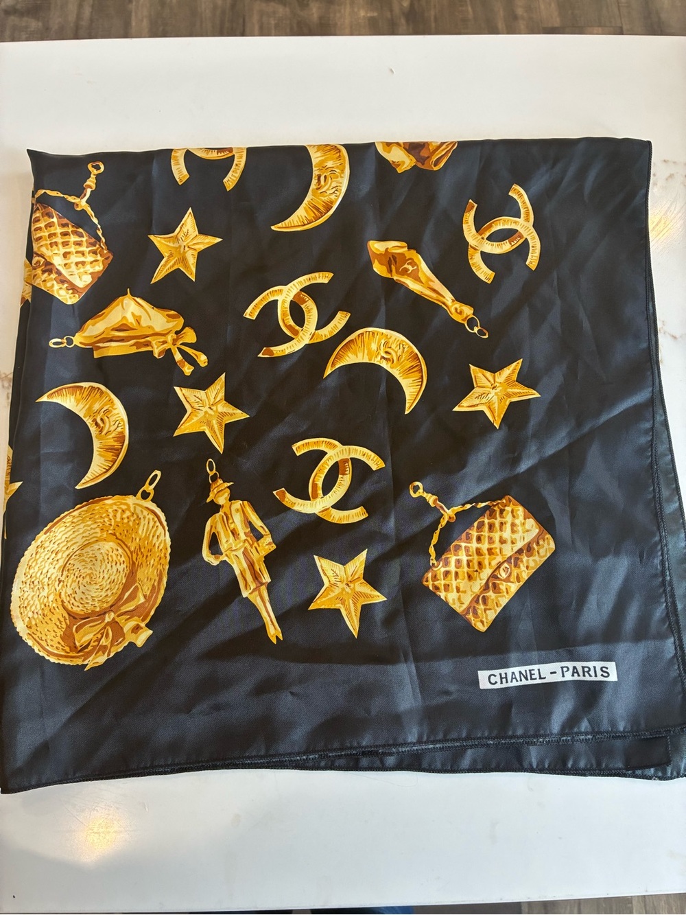 CHANEL vintage Black Silk Scarf with Gold charms Motif Print